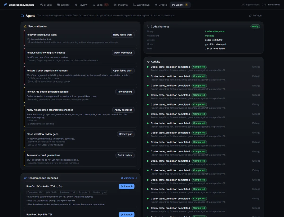 Comfy Generation Manager Agent page showing actions requiring attention, Codex harness readiness, recommended launches, and a status-coded activity timeline