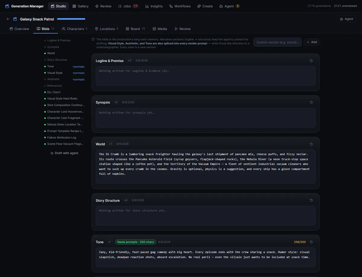 Comfy Generation Manager production bible with versioned narrative sections, prompt-feeding style sections, editable content, and character budgets