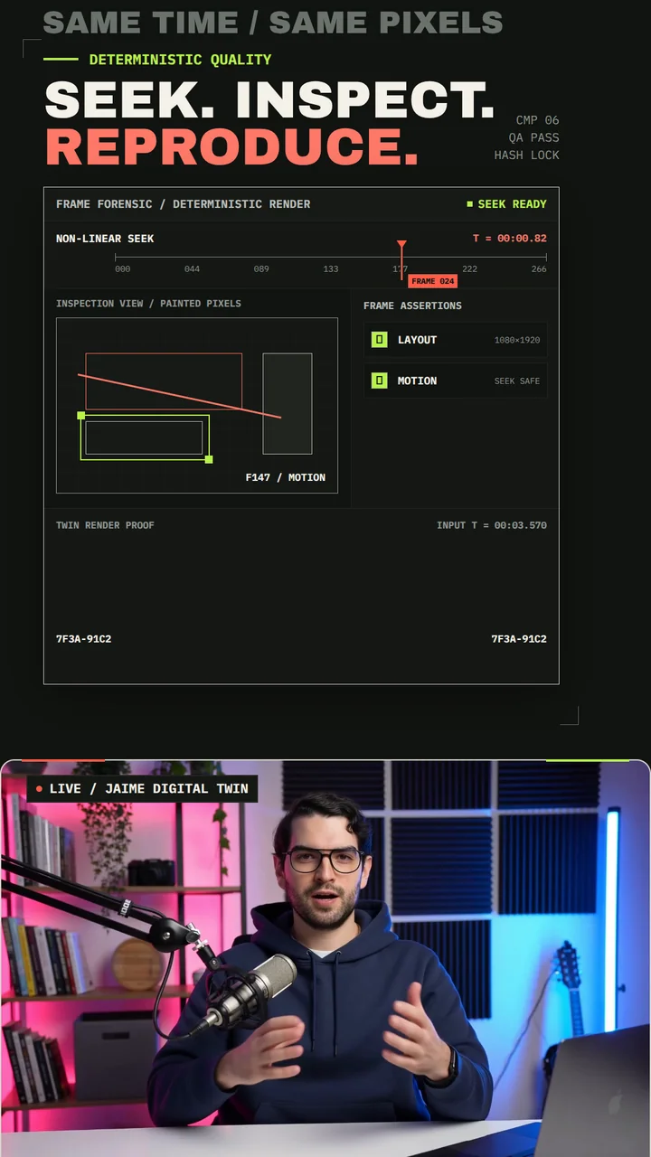 Deterministic QA scene with a seek cursor, frame inspection, layout and motion assertions, and matching render states