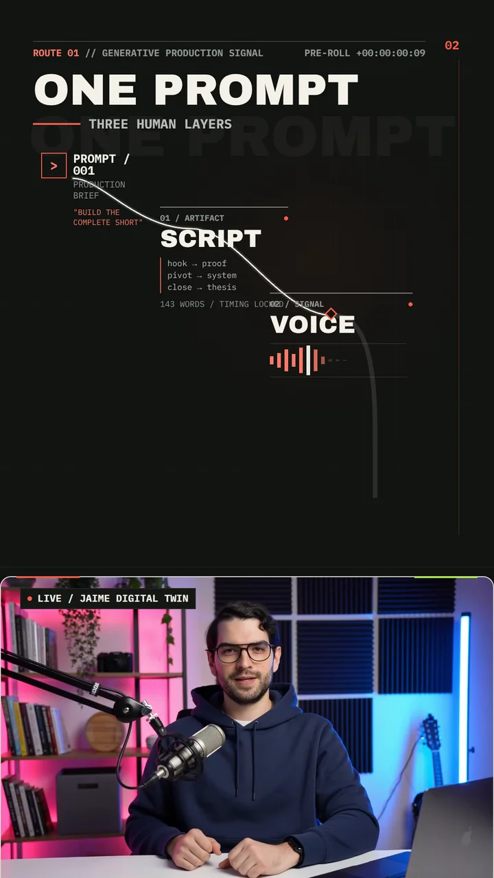 Short frame visualizing one prompt routing into script, voice, and the avatar presenter